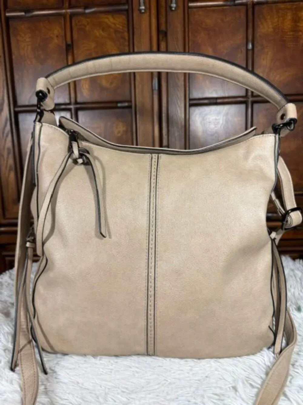 Taupe Tassel Pebble Texture Faux Leather Hobo Crossbody Shoulder Handbag